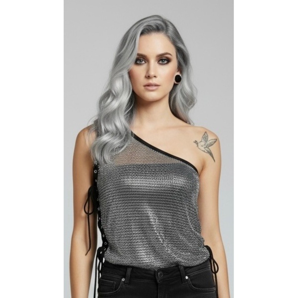 Forever 21 Gray Black fishnet One Shoulder Lace Up Side Top Large Vintage y2k